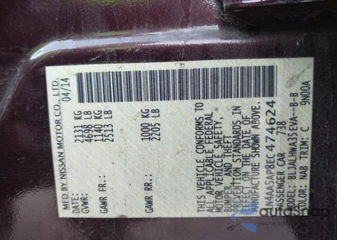 2014 Nissan Maxima 3.5 S/3.5 Sv z USA, uszkodzony, nr VIN 1N4AA5AP8EC474624